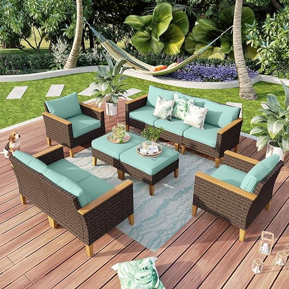 9 Piece Wicker Patio Furniture Set, 2 x Single Chair, 2 x Ottoman, Loveseat Sofa, 3-Seat