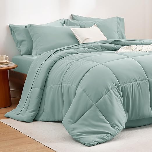 Queen Comforter Set - 7 Pieces Solid Grey Queen Bed in a Bag, Bedding Sets Queen