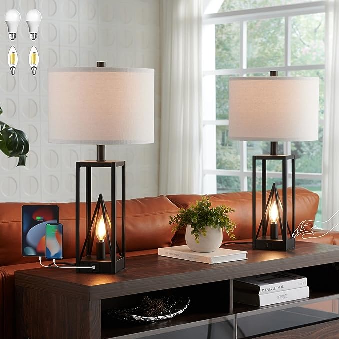 Set of 2 Farmhouse Table Lamps with USB Ports and Modern Nightstand