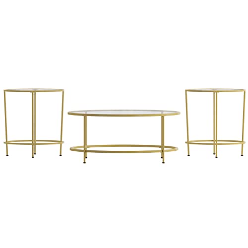 Astoria Collection Coffee and End Table Set - Clear Glass Top with Round Matte Gold Frame