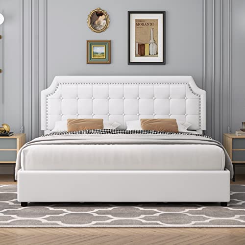 Upholstered Queen Platform Bed Frame with 4 Drawers and Curved Button Tufted Headboard with Nailhead Trim