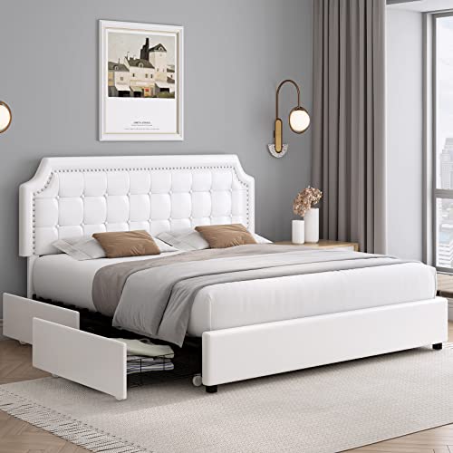 Upholstered Queen Platform Bed Frame with 4 Drawers and Curved Button Tufted Headboard with Nailhead Trim