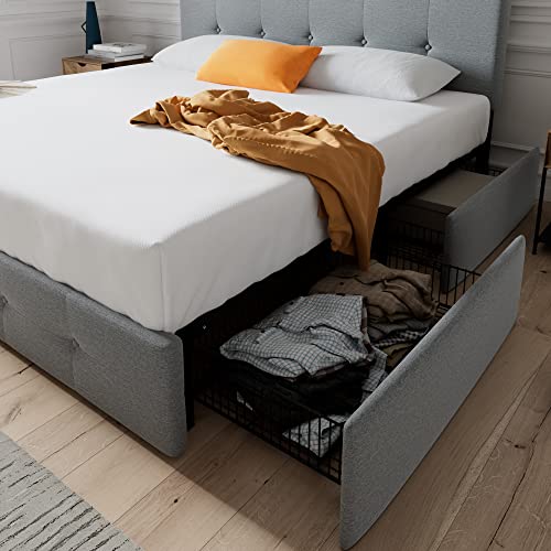 Full Upholstered Storage Bed Frame with 4 Drawers & Adjustable Headboard