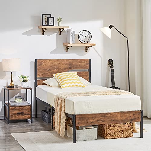 Platform Bed Frame Twin Size with Rustic Vintage Wood Headboard, Mattress Foundation