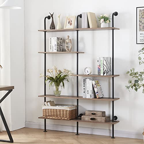 Industrial Bookshelf 5-Tier Open Wall Mount Ladder Bookshelf, Modern Bookcase