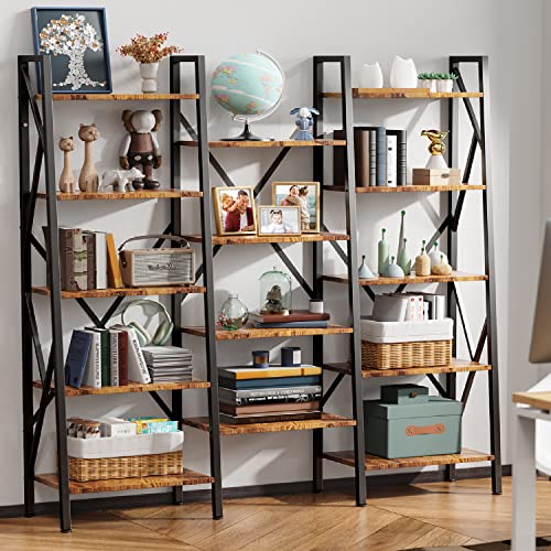 Modern Triple Wide 5 Tiers Bookshelf with Storage, Industrial Bookcase with 14 Open Display Shelves