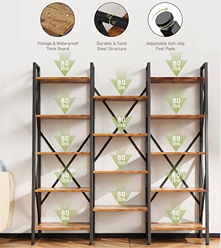 Modern Triple Wide 5 Tiers Bookshelf with Storage, Industrial Bookcase with 14 Open Display Shelves