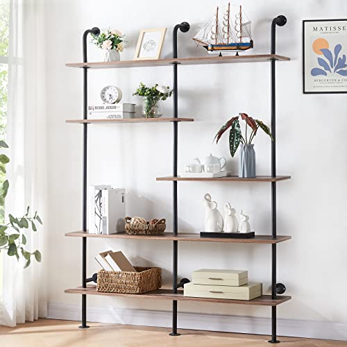 Industrial Bookshelf 5-Tier Open Wall Mount Ladder Bookshelf, Modern Bookcase