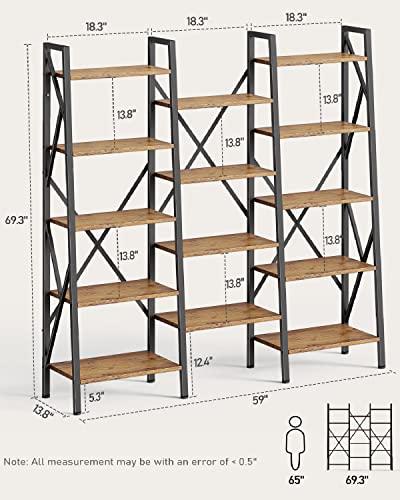 Modern Triple Wide 5 Tiers Bookshelf with Storage, Industrial Bookcase with 14 Open Display Shelves