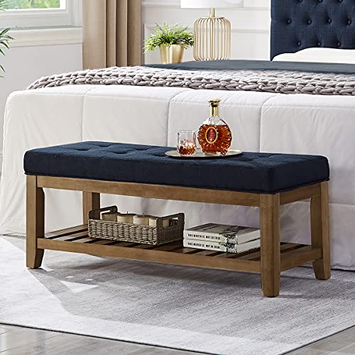 Large Rectangular Upholstered Tufted Linen Fabric Ottoman Bench, Padded Bench with Solid Wood Shelf