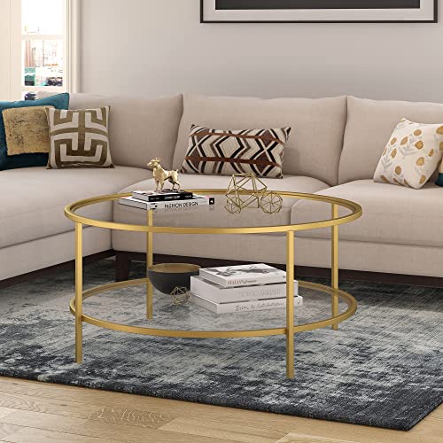 Sivil 36' Wide Round Coffee Table with Glass Top in Brass
