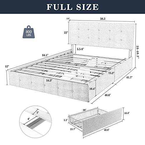 Full Upholstered Storage Bed Frame with 4 Drawers & Adjustable Headboard