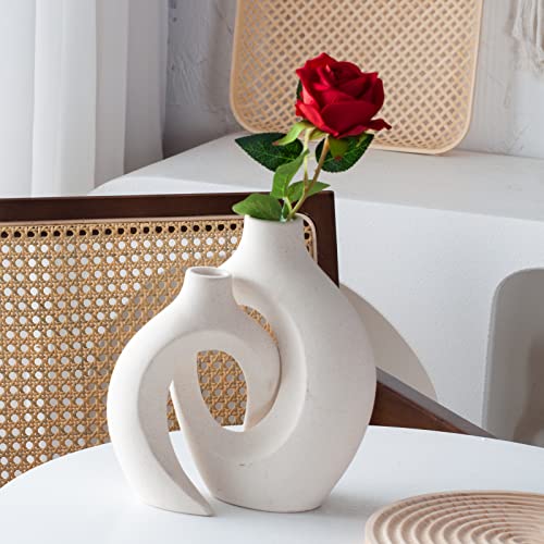 White Hollow Ceramic Vase Set of 2, Round Modern Vase