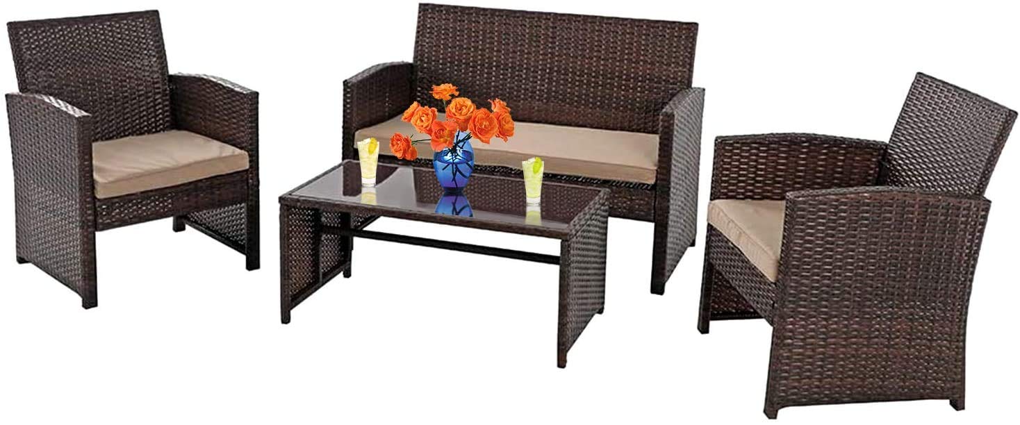 4 Pieces Rattan Wicker Conversation Sets Lawn Chairs Porch Poolside Balcony Garden