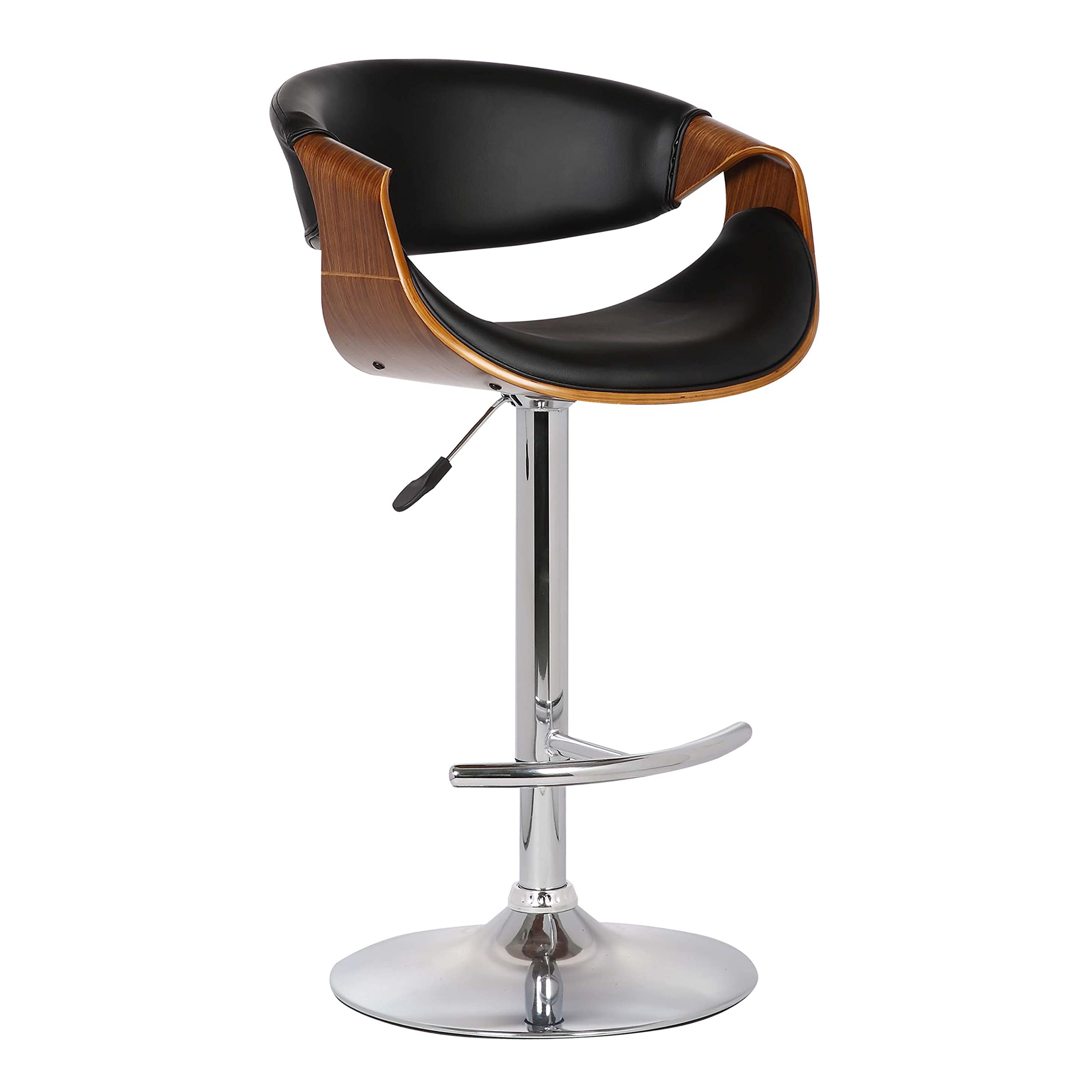 Butterfly Swivel Adjustable Barstool in Black Faux Leather and Walnut Wood Finish