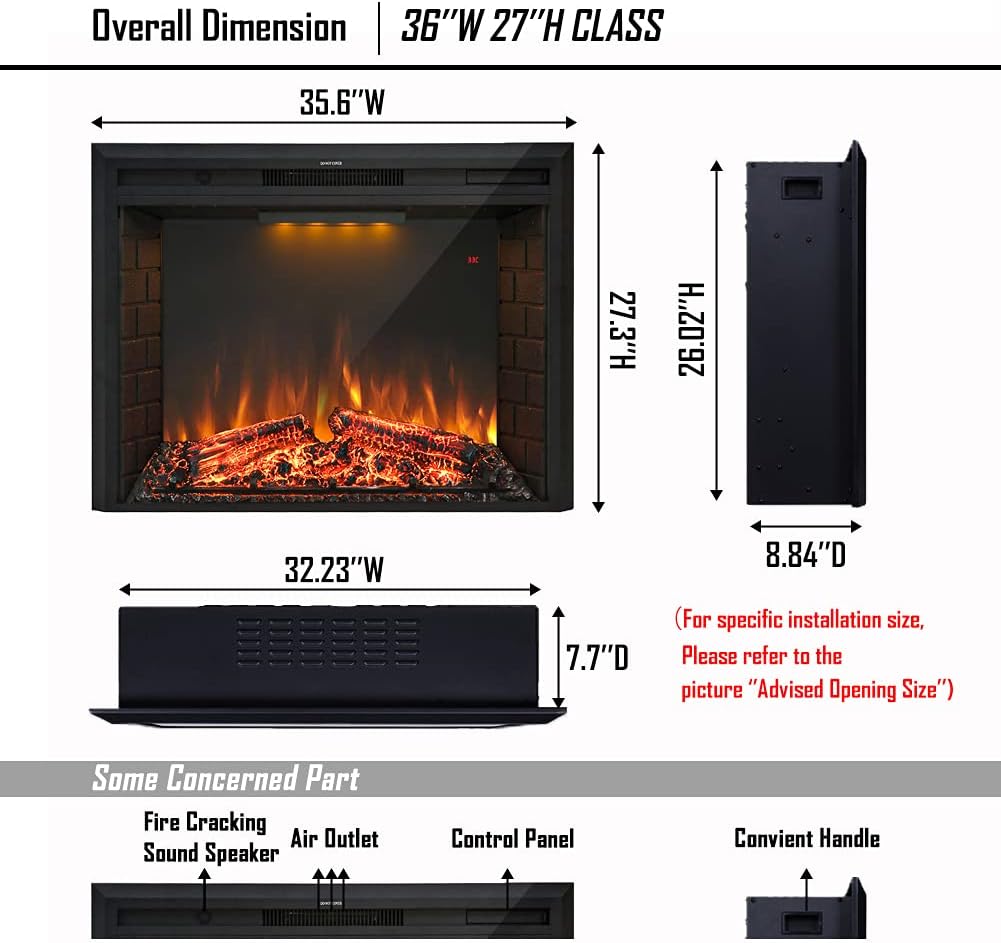 36' Electric Fireplace Insert, Retro Recessed Fireplace Heater with Fire Cracking Sound