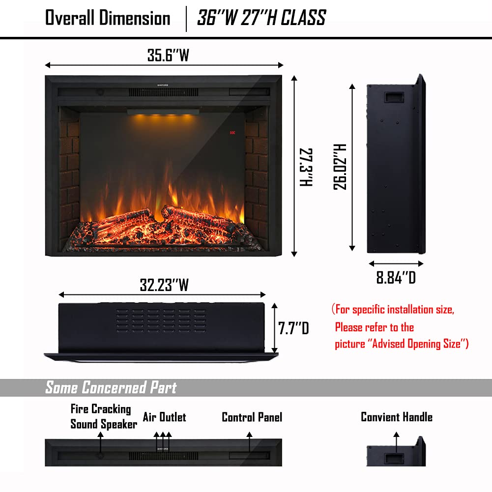 36' Electric Fireplace Insert, Retro Recessed Fireplace Heater with Fire Cracking Sound