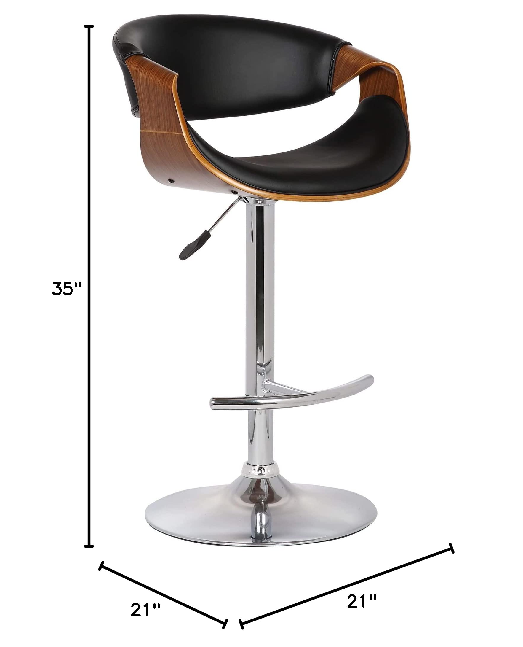 Butterfly Swivel Adjustable Barstool in Black Faux Leather and Walnut Wood Finish