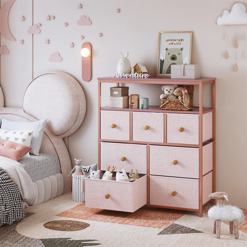 Pink Dresser for Bedroom with 7 Drawers and 2 Shelves