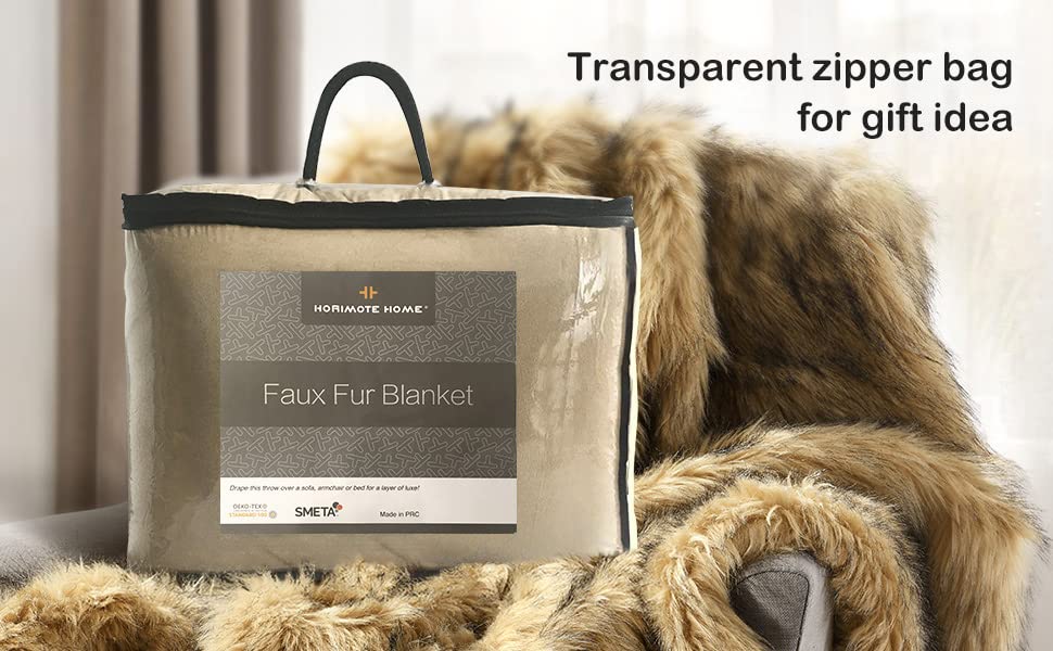 Luxury Plush Faux Fur Throw Blanket, Long Pile Golden Yellow with Black Tipped Blanket