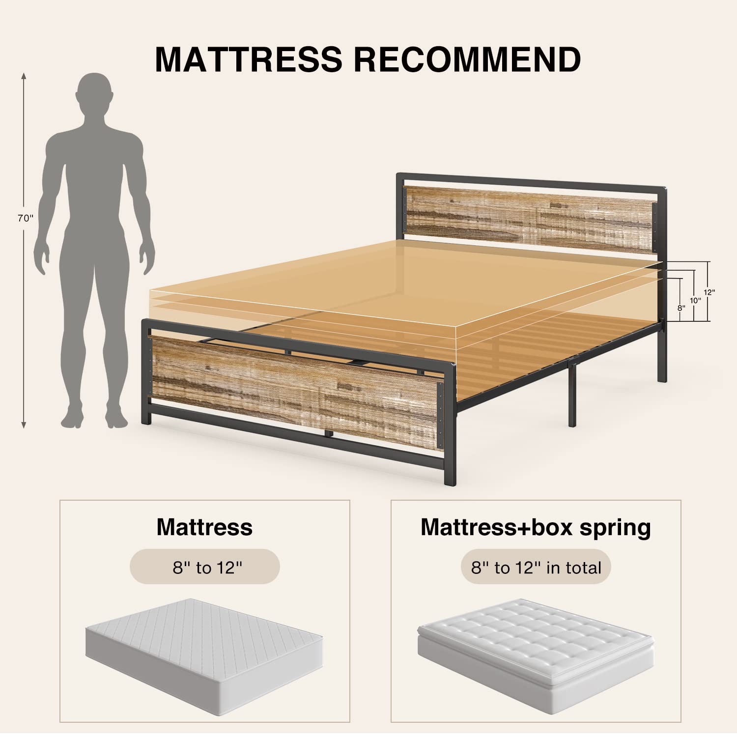 Queen Size Bed Frame, Metal Platform Bed with Wooden Headboard with Rivet