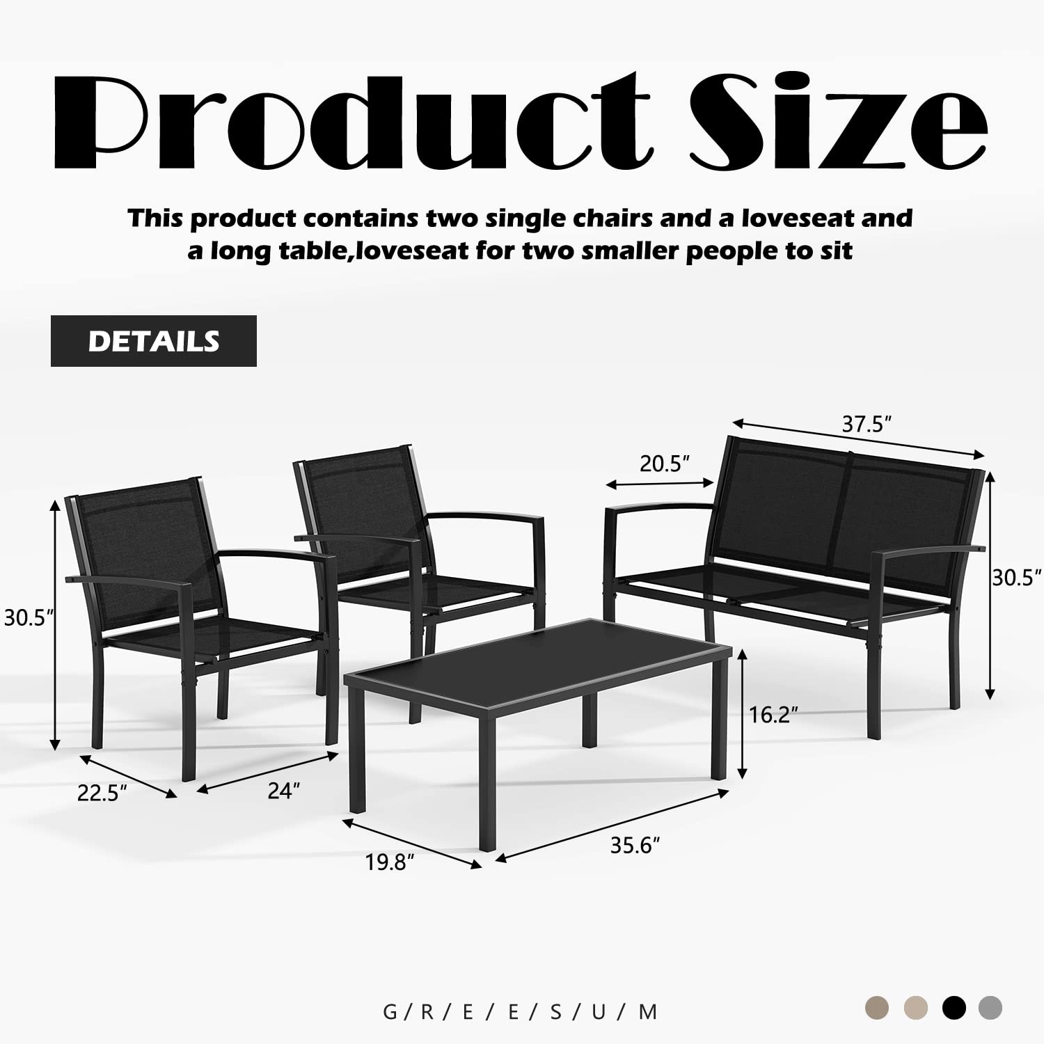 4 Pieces Patio Furniture Set, Outdoor Conversation Sets for Patio, Lawn, Garden, Poolside with A Glass Coffee Table