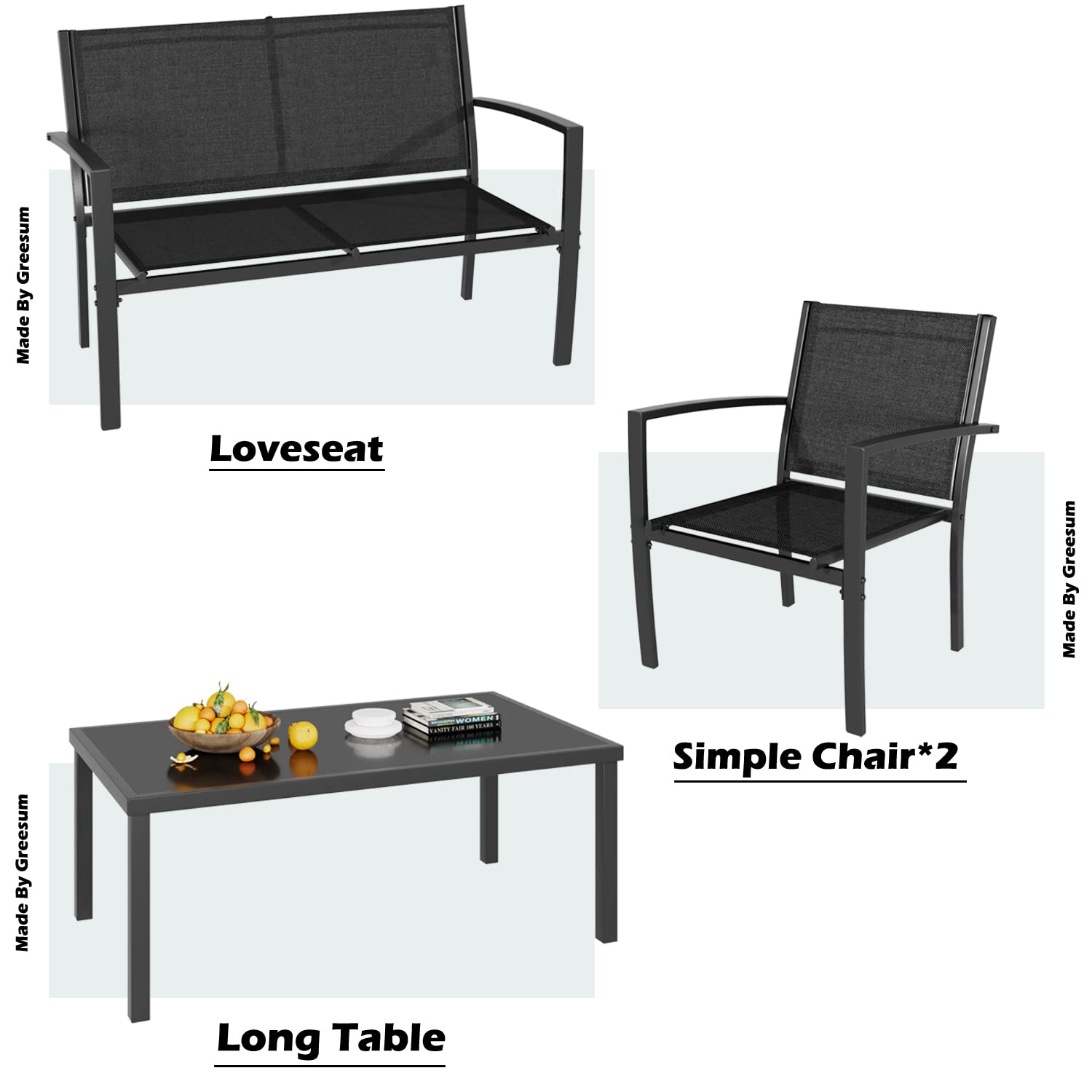 4 Pieces Patio Furniture Set, Outdoor Conversation Sets for Patio, Lawn, Garden, Poolside with A Glass Coffee Table