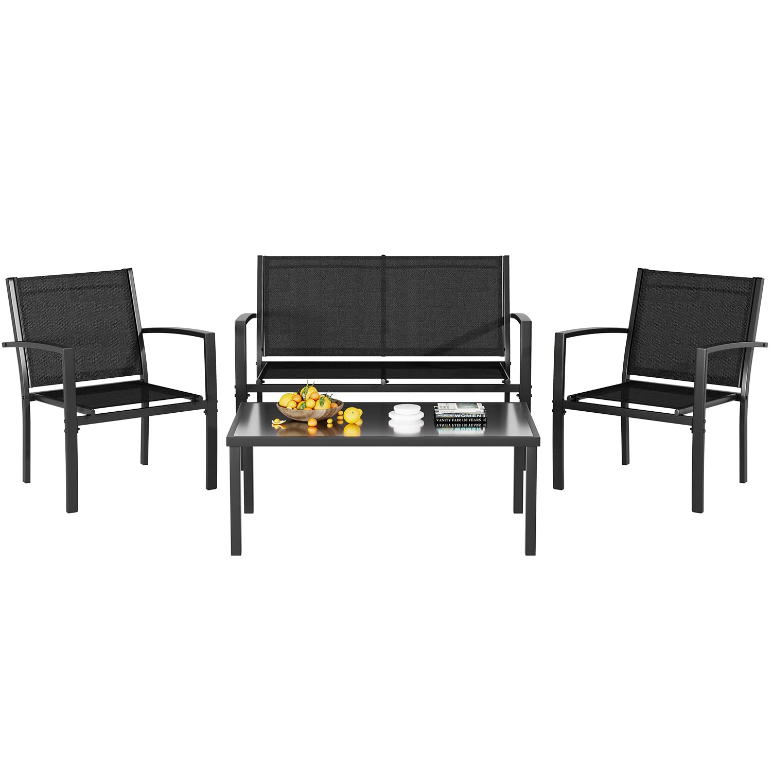 4 Pieces Patio Furniture Set, Outdoor Conversation Sets for Patio, Lawn, Garden, Poolside with A Glass Coffee Table