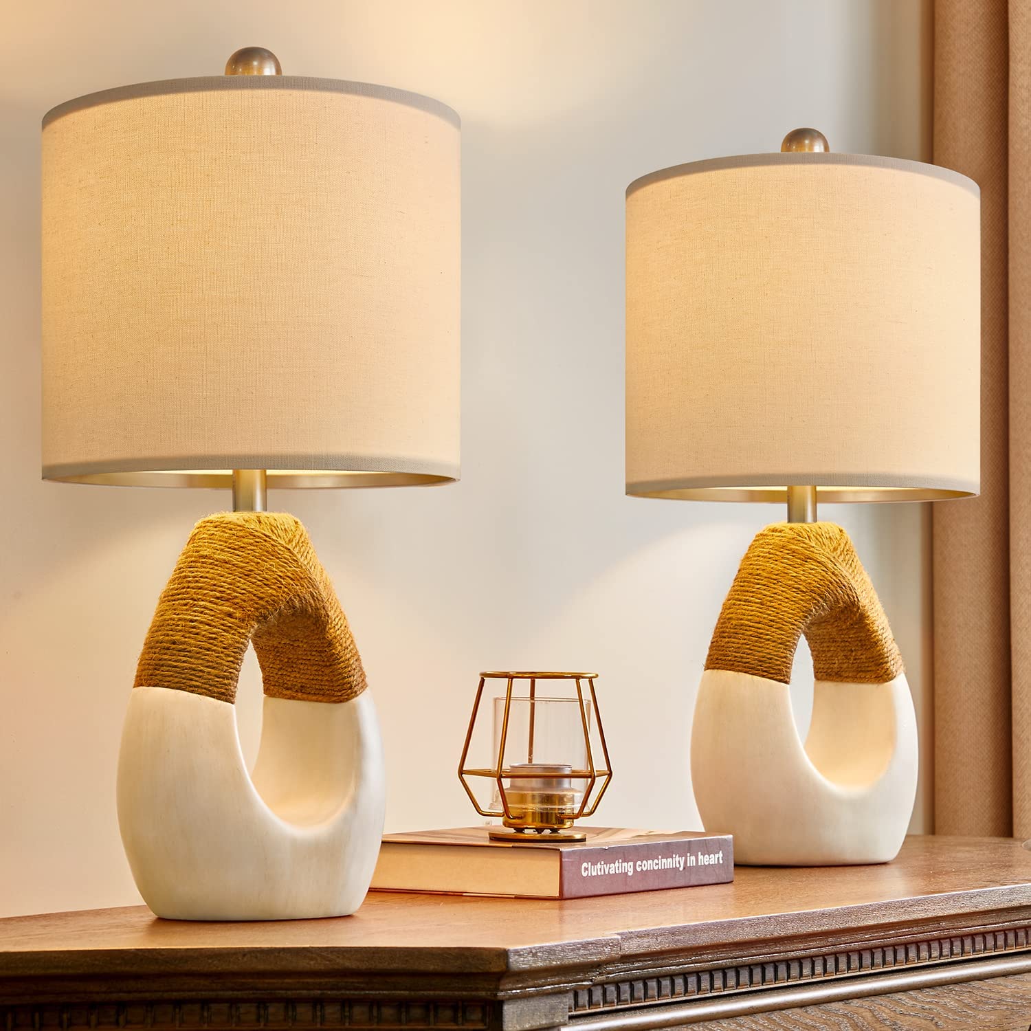 Boho Rattan Table Lamps Bedrooms Nightstand Set of 2 Bohemian 19