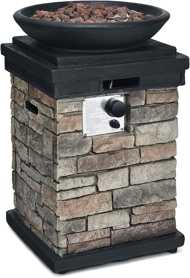 Propane Firebowl Column, 40,000 BTU Outdoor Gas Fire Pit, Compact Ledgestone Firepit