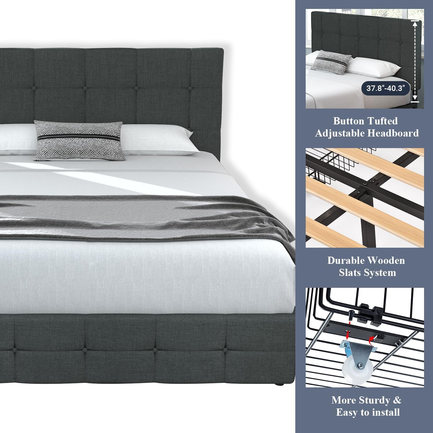 Upholstered Full Size Platform Bed Frame with 4 Storage Drawers and Headboard, Square