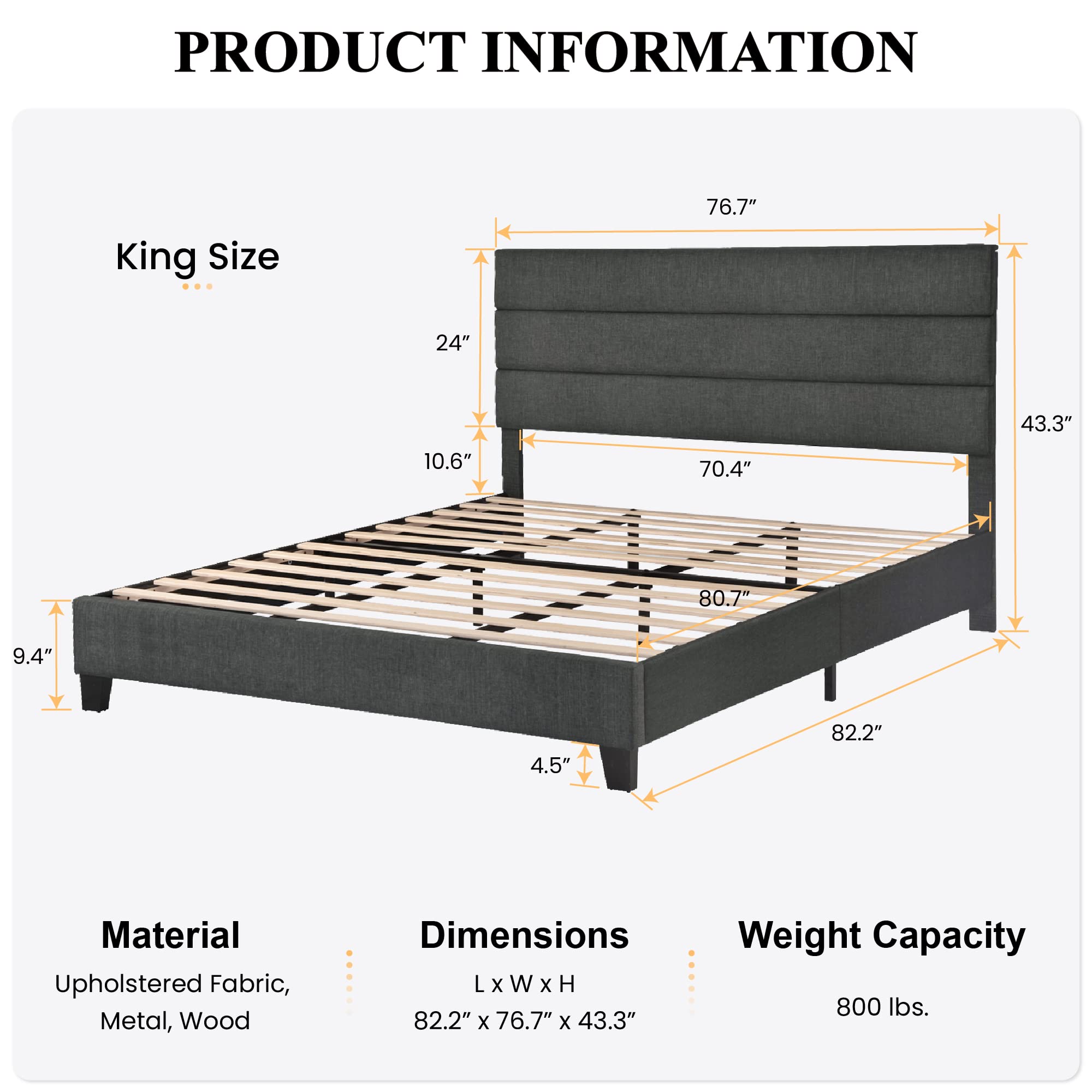 King Platform Bed Frame with Upholstered Fabric Headboard, Mattress Foundation