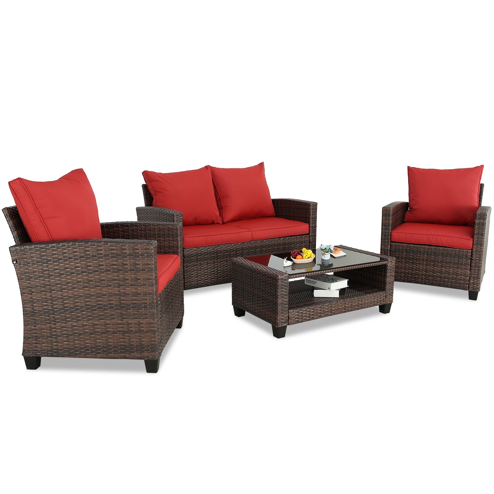 4 Pieces Patio Furniture Sets Outdoor Sectional Wicker Set Outdoor Conversation Set