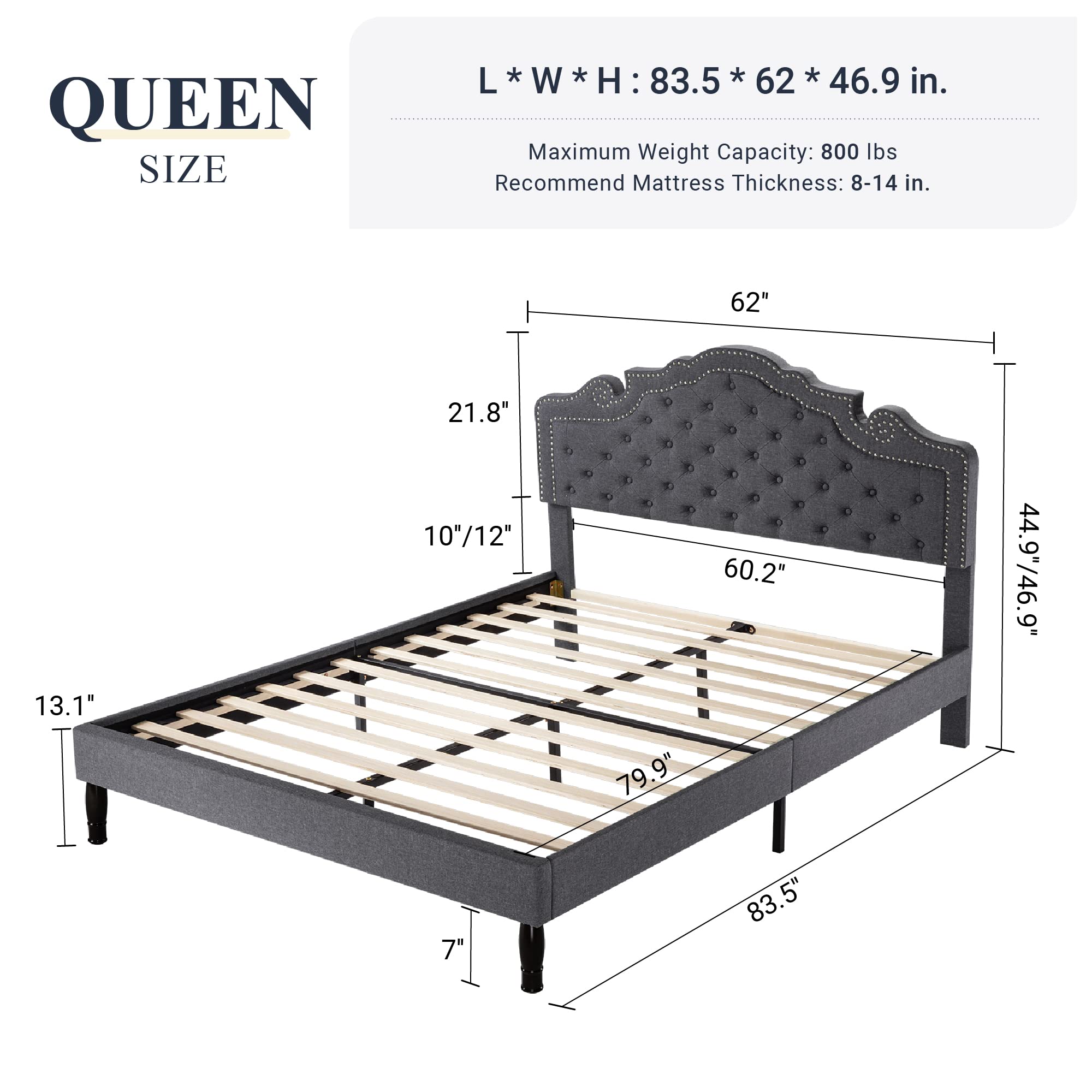 Queen Bed Frame with Adjustable Tiara Headboard, Fabric Upholstered Diamond Button Tufted