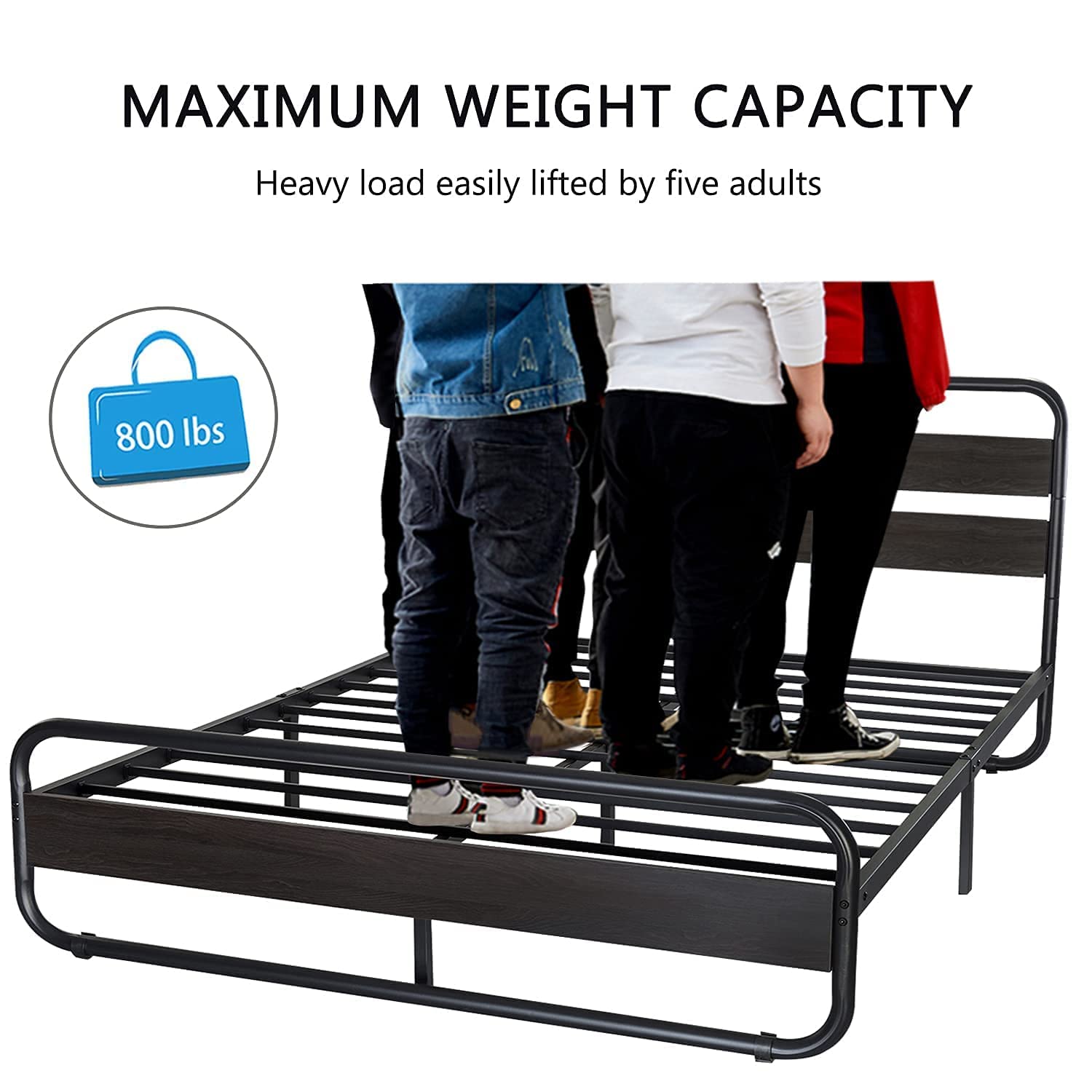 King Size Metal Bed Frame with Wooden Headboard and Footboard, Heavy Duty Platform