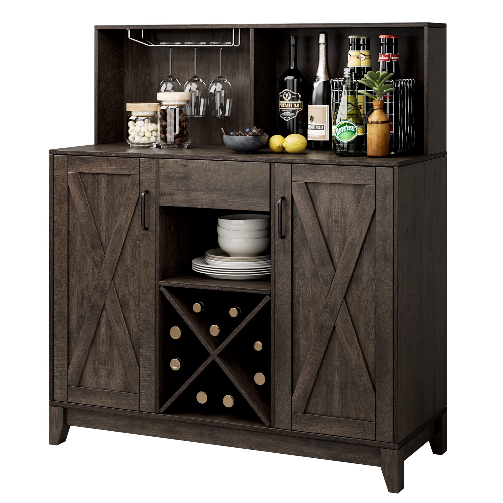 Wine Bar Cabinet for Liquor and Glasses, Barn Doors Wine Cabinet with Adjustable Storage