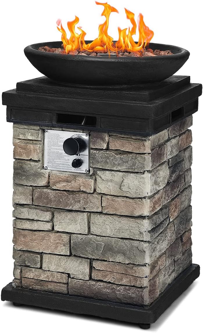 Propane Firebowl Column, 40,000 BTU Outdoor Gas Fire Pit, Compact Ledgestone Firepit