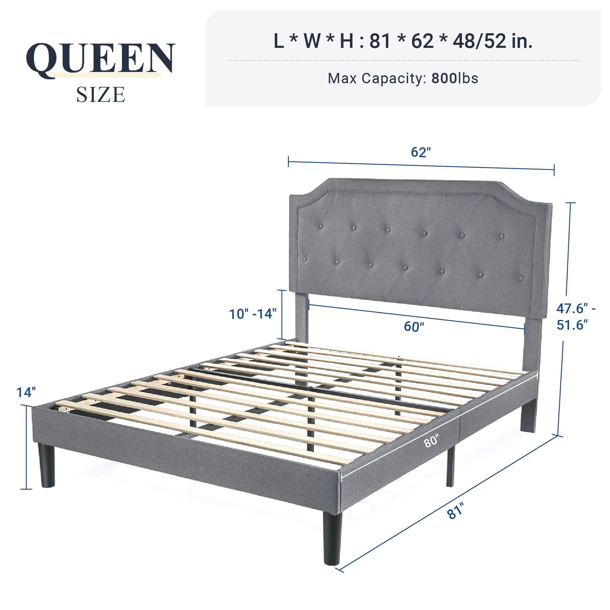 Upholstered Queen Size Platform Bed Frame with Adjustable and Curved Corner Design