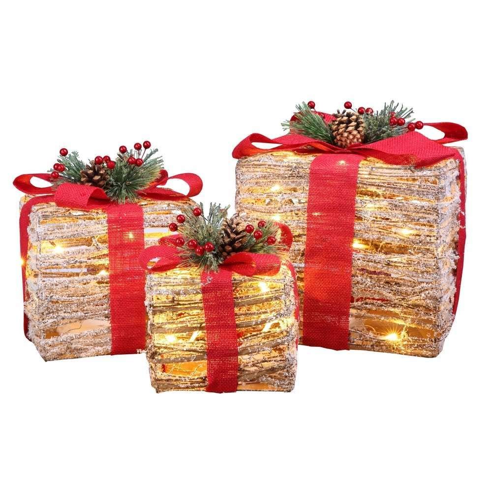 Christmas Set of 3 Pre-lit Gift Present Boxes w/ 60 LED Lights - Indoor/Outdoor Yard/Lawn Use
