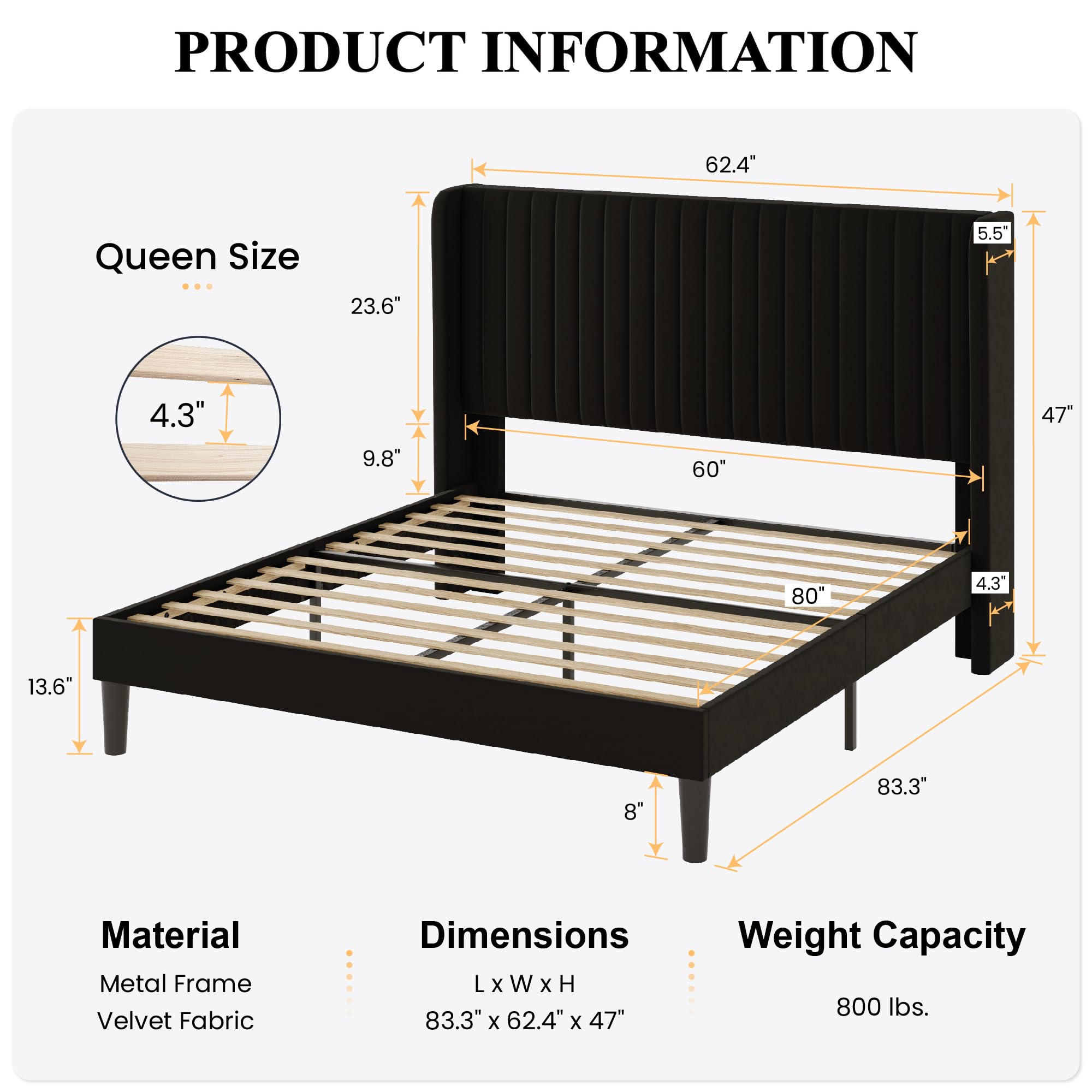 Queen Size Velvet Bed Frame with Vertical Channel Tufted Wingback Headboard