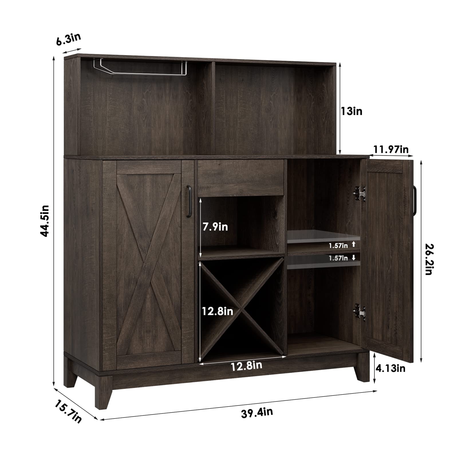 Wine Bar Cabinet for Liquor and Glasses, Barn Doors Wine Cabinet with Adjustable Storage