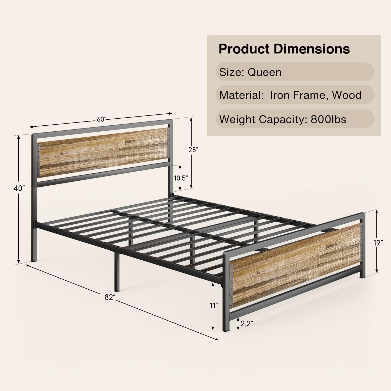 Queen Size Bed Frame, Metal Platform Bed with Wooden Headboard with Rivet