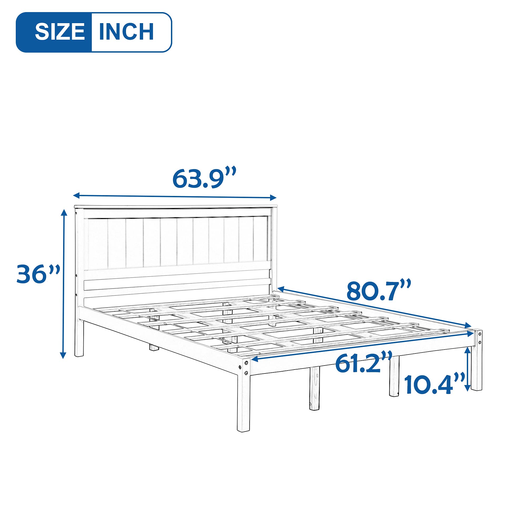 Queen Size Platform Bed Frame with Headboard, Wood Platform Bed with Slat Support