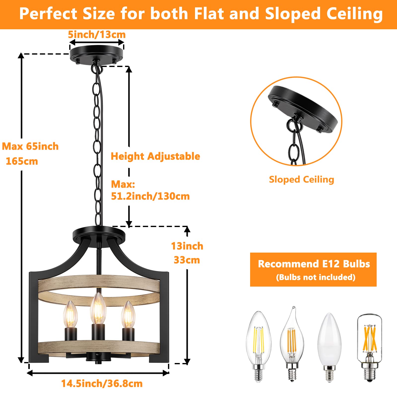 3-Light Farmhouse Chandelier, Adjustable Black Hanging Pendant Light Fixtures