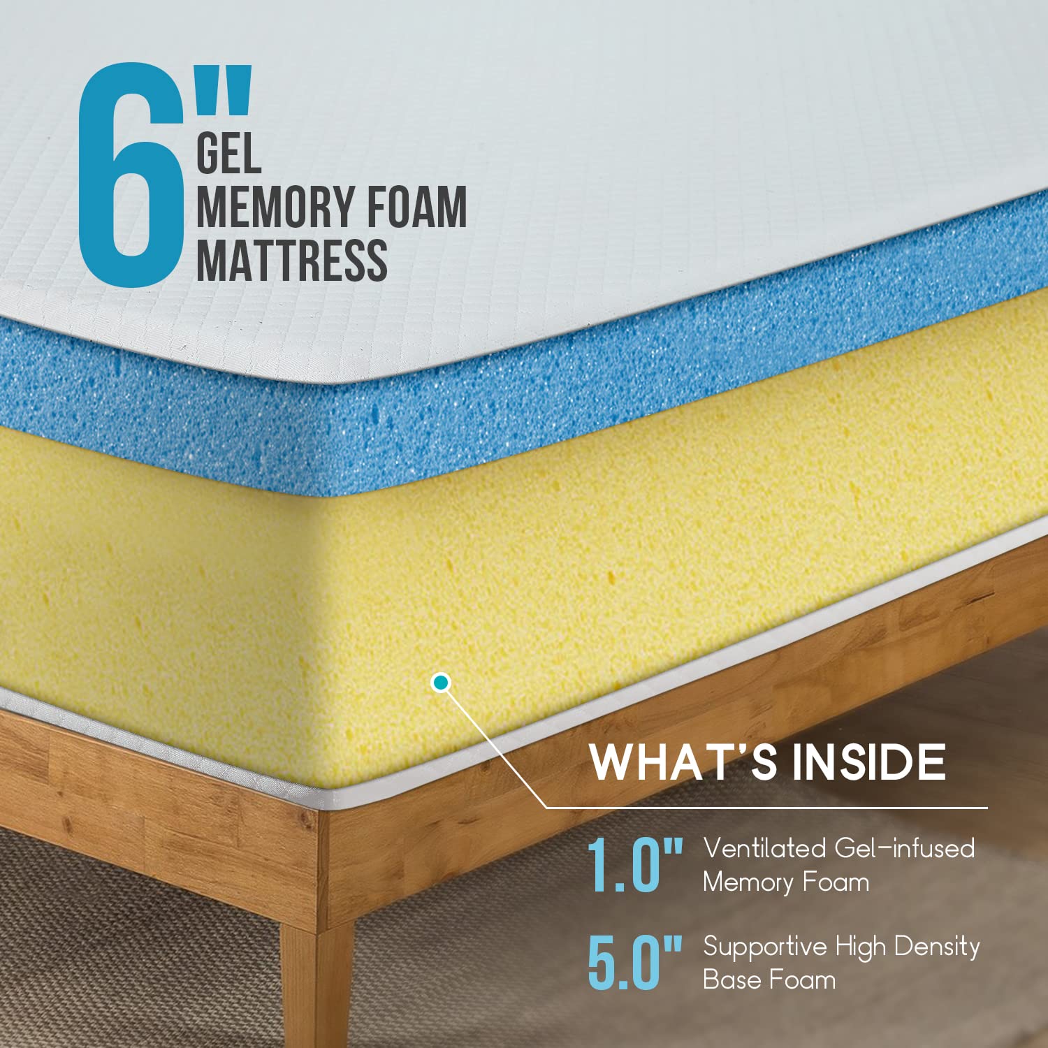 6 Inch Queen Gel Memory Foam Mattress FiberglassSleep & Comfy Support