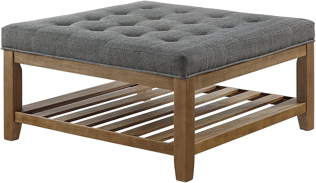 Large Square Upholstered Tufted Linen Ottoman Coffee Table, Large Footrest Ottoman with Solid Wood Shelf-Granite