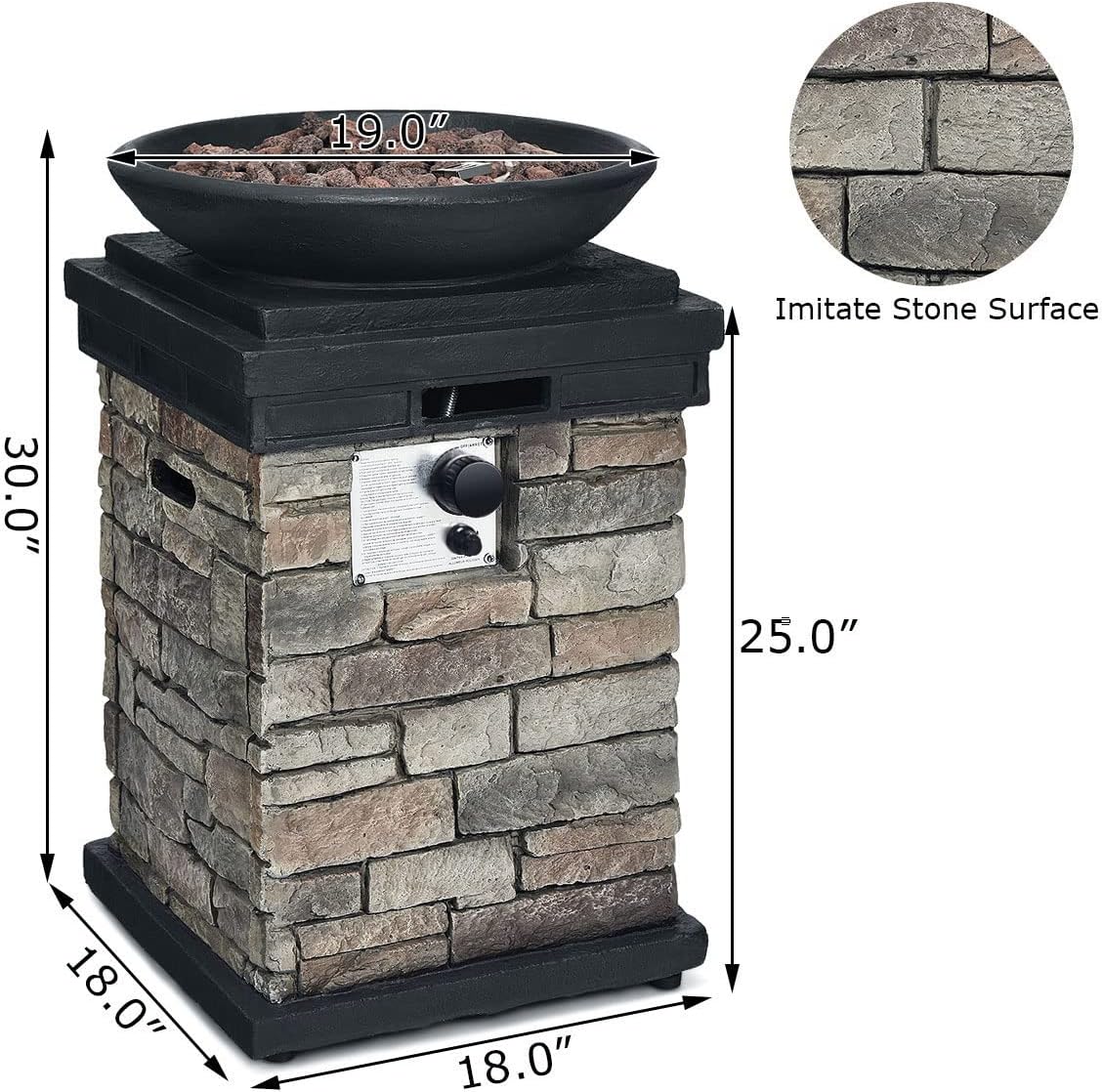 Propane Firebowl Column, 40,000 BTU Outdoor Gas Fire Pit, Compact Ledgestone Firepit