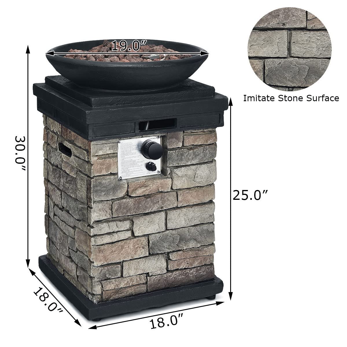 Propane Firebowl Column, 40,000 BTU Outdoor Gas Fire Pit, Compact Ledgestone Firepit