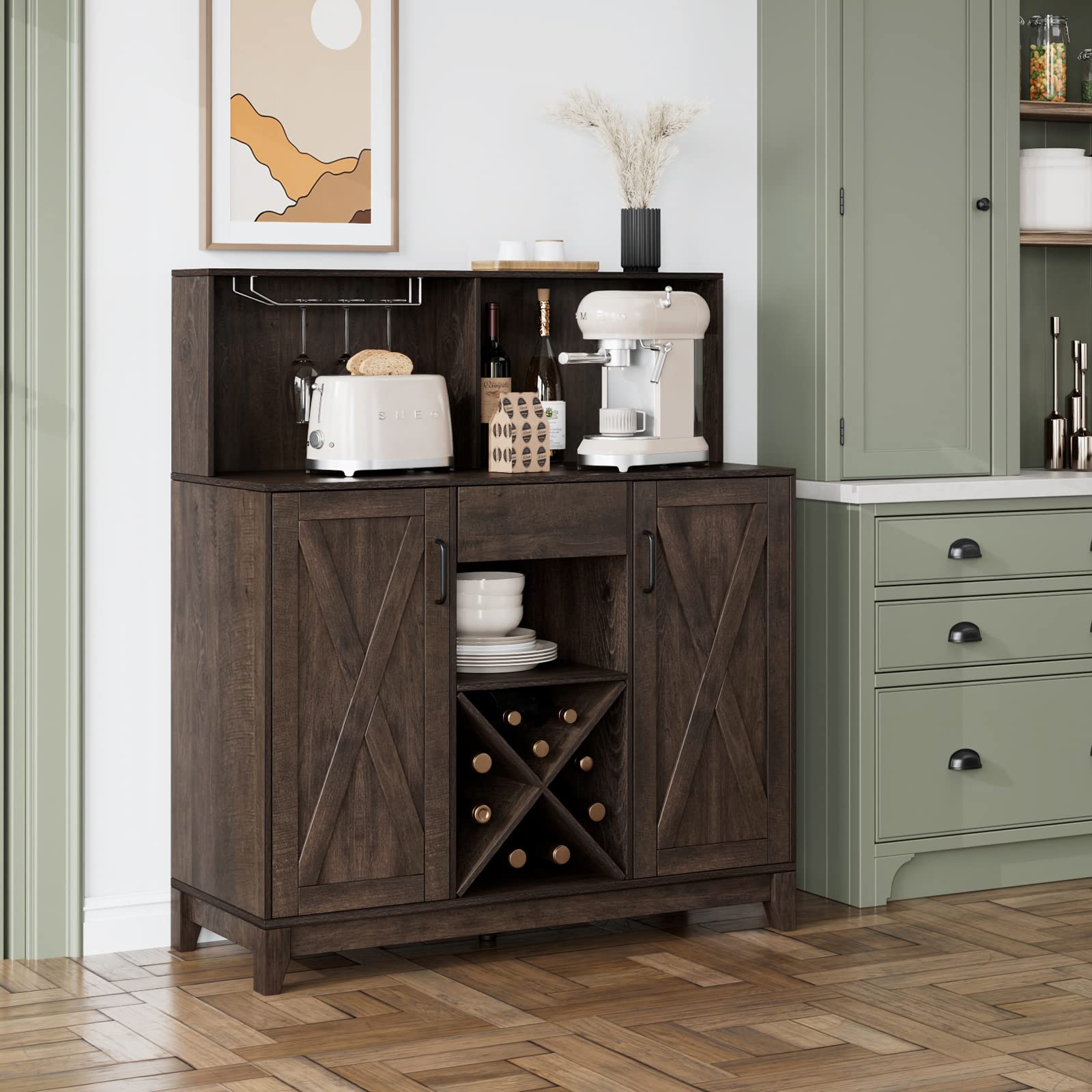 Wine Bar Cabinet for Liquor and Glasses, Barn Doors Wine Cabinet with Adjustable Storage