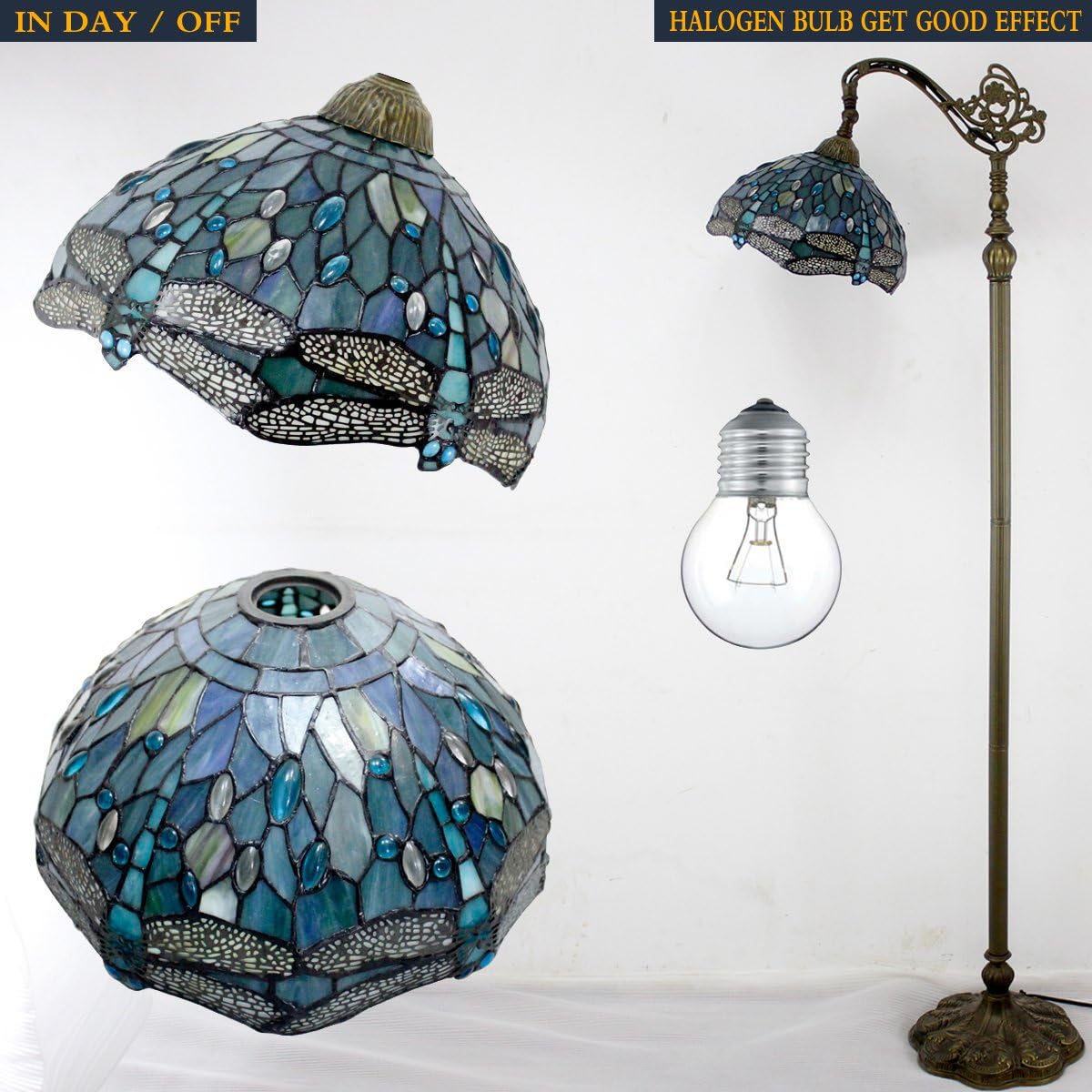 Tiffany Floor Lamp Sea Blue Stained Glass Dragonfly Arched Lamp 12X18X64 Inches